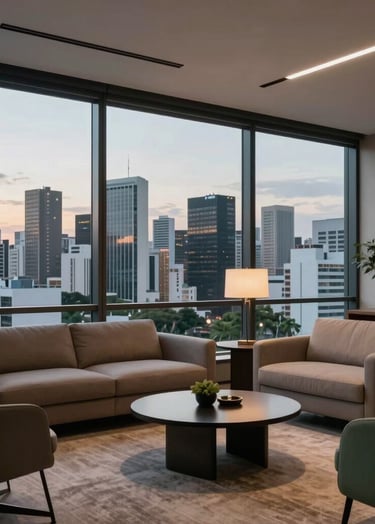 A high-end executive office with a view of a Brazilian city skyline at dusk through large windows. The interior is decorated with contemporary furniture in taupe and muted green tones. The setting is refined, professional, and reflects the elegance of Studio Santiago.