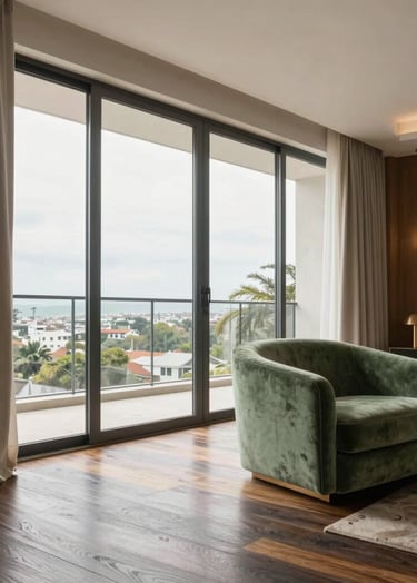 Wide architectural shot of a luxury living room in a Brazilian apartment, featuring floor-to-ceiling windows, warm taupe curtains, a sage green velvet armchair, and dark slate wood flooring.