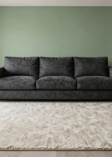 Interior photography of a luxury living room in São Paulo, featuring a charcoal sofa, off-white rugs, and sage green decorative elements, minimalist and elegant composition.