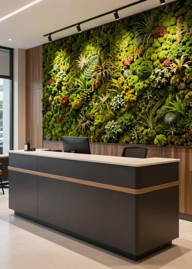 Wide focal image of a modern commercial reception area in Brazil. Features a custom desk in charcoal and taupe finishes, with a wall of preserved sage green moss. Refined, inviting, and professional.