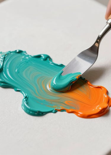 A close-up photograph of a palette knife applying thick, vibrant turquoise and sunset orange oil paint onto a textured canvas. The background is a soft pearl white with natural shadows, reflecting organic elegance.