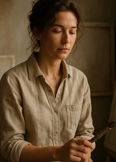 A soulful photography portrait of a female artist in her studio, surrounded by canvases. She is holding a brush, her expression calm and connected. The lighting is soft and natural, with a palette of earthy taupe and pale cream. Soulful and organic elegance.