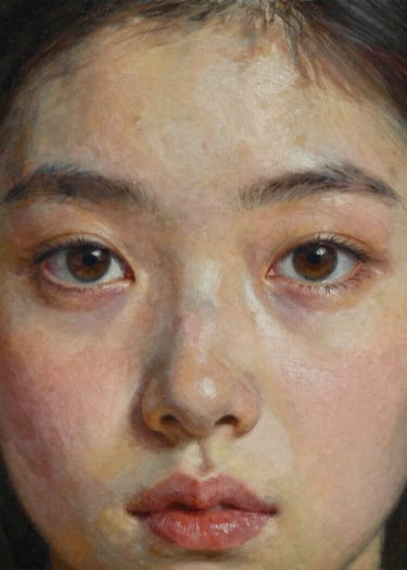 A detailed photograph of a portrait painting focusing on the subject's eyes. The artwork uses rich, vibrant colors to express deep human emotion. The style is elegant and soulful, with a background of dark charcoal.