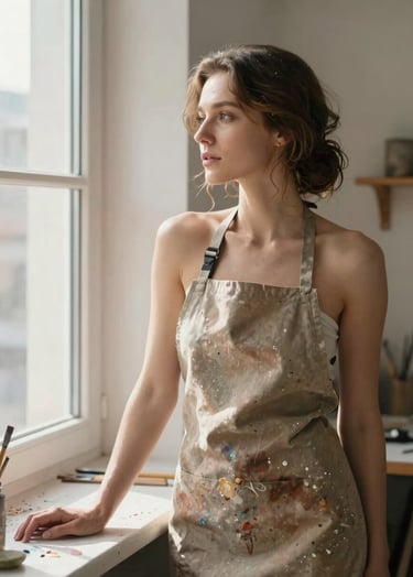 A soulful portrait of a female artist, Katya Rivka, in her workspace. She is wearing an apron stained with muted brown paint, looking out a window with a serene expression. The composition is organic and elegant, lit by soft morning sunlight.