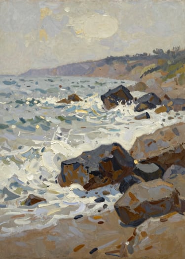 A high-quality photograph of an impressionist landscape painting on a canvas. The artwork depicts a vibrant coastline with waves crashing against rocks, using a palette of off-white, muted brown, and deep charcoal. Soft, diffused daylight illuminates the texture of the paint strokes.