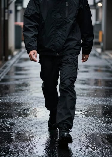 Cinematic low-angle shot of a figure in a high-end black techwear jacket walking through a dark, rainy Tokyo alleyway. Deep Obsidian Black and Charcoal Slate shadows dominate the frame, accented by glowing Platinum Silk neon light reflections on the pavement.