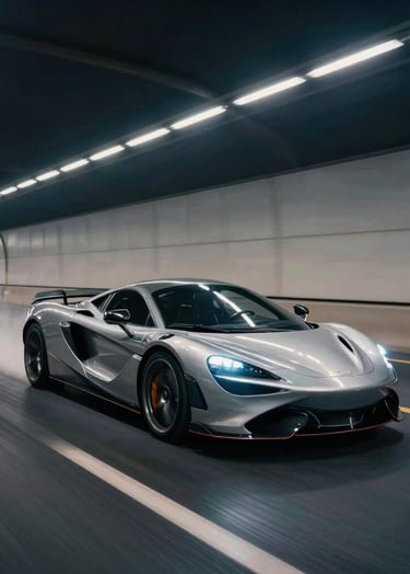 An action sequence frame of a luxury sports car moving at high speed through a tunnel, light trails in night sky blue and soft mist tones, motion blur, cinematic grain.