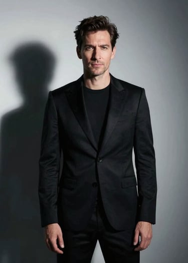 Portrait of a creative director in a minimalist studio environment. Dramatic side lighting creates deep shadows. The color palette is strictly Deep Obsidian Black and Platinum Silk for a premium, urban feel.