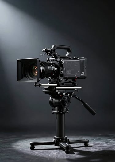 A professional cinema camera on a stabilizer in a dark studio, illuminated by a single directional light creating a soft mist effect against a deep charcoal background.