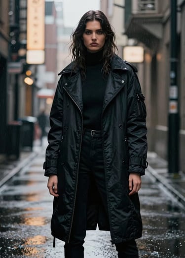 A high-fashion model wearing luxury streetwear standing in a rainy, neon-lit alleyway. Cinematic lighting with steel slate and soft off-white highlights. The mood is edgy, urban, and premium with deep obsidian shadows and a sharp, cinematic lens blur.