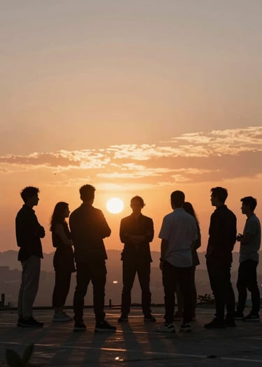 A high-energy, wide-angle shot of the Blumattone team in a real project briefing on-site. Dark silhouettes against a bright sunset background. Dramatic, cinematic orange and rust tones (#C1674E). No posing, authentic movement.