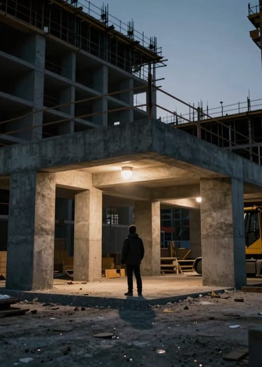 A cinematic, low-angle shot of a modern construction site at dusk. High contrast with deep shadows (#1A1A1A) and warm highlights from work lamps (#C1674E). A person in a dark jacket is looking at a concrete structure. Raw, gritty texture, wide lens.