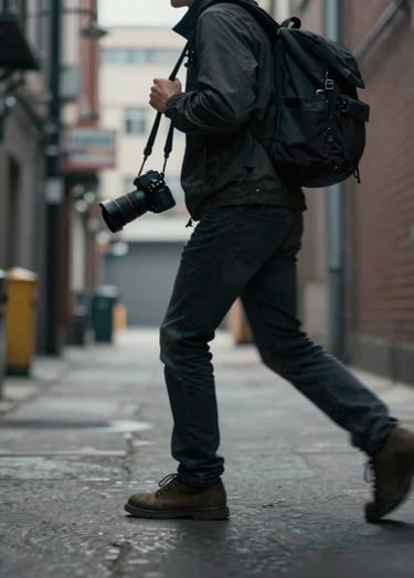 Dynamic shot of a person walking through an industrial alleyway with a camera bag. Asymmetrical composition, high-energy movement, cinematic lighting.