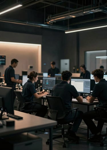 Cinematic wide shot of a team working in a high-contrast industrial environment with warm accent lighting (#C1674E) against deep shadows (#1A1A1A). Modern, edgy atmosphere, raw texture, no stock feeling.