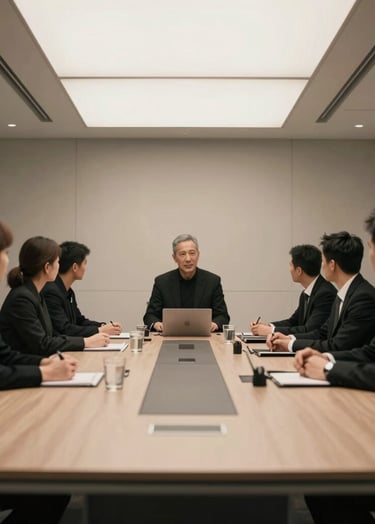 A cinematic, low-angle shot of a modern office meeting that looks like a war room. Edgy atmosphere, participants wearing black, strong contrast with beige highlights (#F5F5DC). No stock feeling.