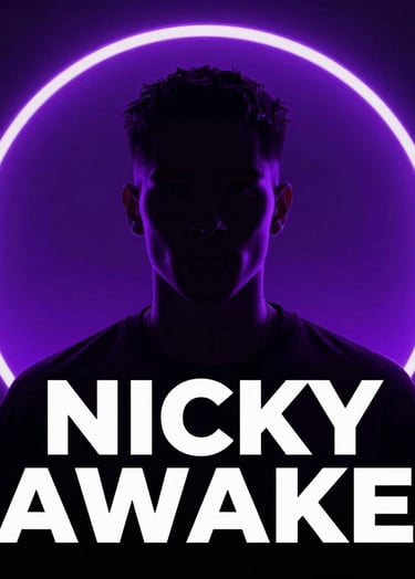 A striking vertical portrait of DJ NICKY AWAKE, silhouetted against a vibrant #7A7CF1 purple neon light ring, mysterious and sophisticated nightlife aura with #0A0A0F background.