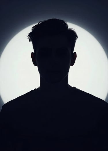 Dramatic silhouette of Nicky Awake against a bright #E0E0EB circular back-light, creating a halo effect. The rest of the frame is deep #0A0A0F. Modern, clean, and artistic portrait.