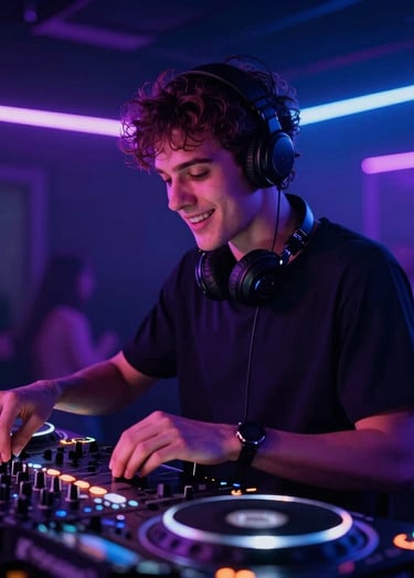 NICKY AWAKE in a dark DJ booth, energetic expression, vibrant purple and blue ambient lighting from neon tubes reflecting on the mixer, professional nightlife photography, #0A0A0F and #7A7CF1 tones.