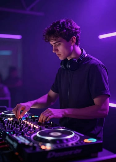 A professional performance shot of a DJ behind a high-tech console. The scene is bathed in vibrant #7A7CF1 purple and blue neon lighting. The background is a dark #0A0A0F club environment with subtle light streaks. Energetic and sophisticated atmosphere.