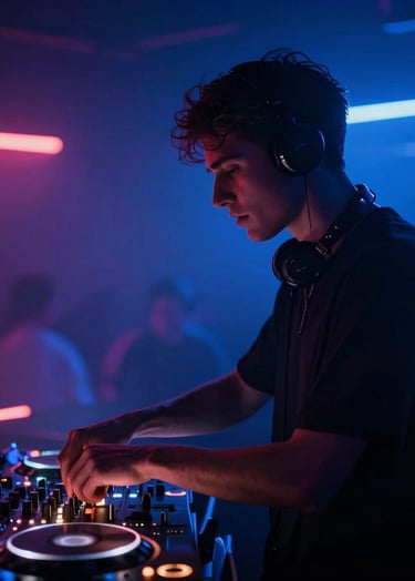 Nicky Awake DJing in a dark club, silhouette profile against vibrant #7A7CF1 neon lights and haze, energetic atmosphere, high-end production.