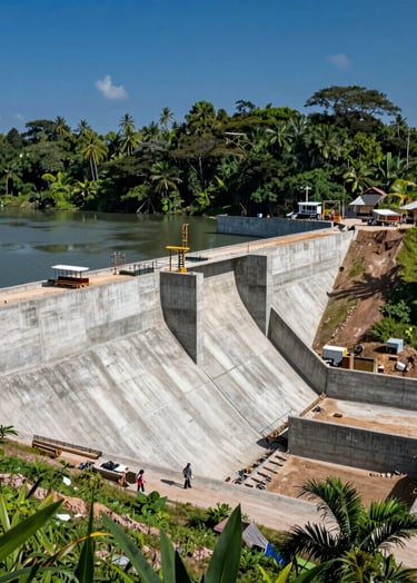 A high-angle professional photograph of a modern civil engineering site in Indonesia. The scene features a clean concrete dam structure integrated into a tropical environment with lush greenery and a slate grey river. The lighting is bright and crisp, highlighting the textures of the construction against a deep blue sky.