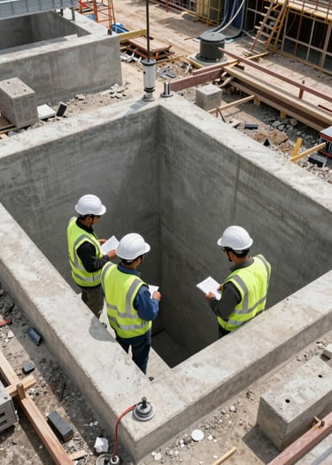 A high-angle professional architectural shot of a construction site in Malang, Indonesia. Engineers in reflective safety vests are inspecting a concrete infiltration well installation. Bright daylight, modern equipment, clean aesthetic with a focus on civil engineering precision.