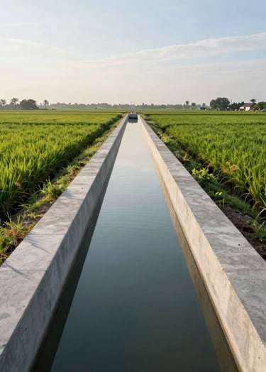 A wide professional photograph of a modern concrete irrigation canal stretching through a lush green rice field in Southeast Asian / Indonesian landscape. The structure is clean and well-engineered, under a bright morning sky with soft blue and white tones, reflecting a professional and elegant civil engineering project.