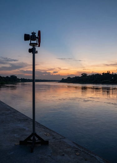A wide-angle landscape photograph of the Bengawan Solo river in East Java, Indonesia, at dusk. The water reflects the deep blue and orange sky. In the foreground, a professional survey measurement stake stands near a clean, modern concrete edge, emphasizing civil engineering in a natural setting. The lighting is soft and cinematic.
