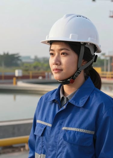 A professional portrait of a Southeast Asian / Indonesian woman in engineering attire with a white safety helmet and blue vest, standing outdoors near a construction site for a water treatment plant, soft morning light, modern professional photography.