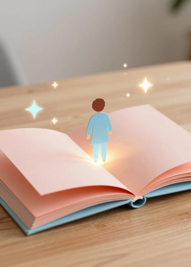 A whimsical hero shot of a physical pop-up book open on a soft wooden table. Glowing holographic stars and soft light emanate from the pages. The lighting is warm and magical. Palette uses soft coral #FFC6A6 and sky blue #A6D1FF accents. Modern, clean photography style.