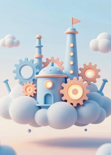 A whimsical, soft-focus digital illustration of a floating magical factory made of pastel clouds and glowing gears in #A6D1FF and #FFC6A6, with a bright and airy atmosphere on a #FFF9F7 background.