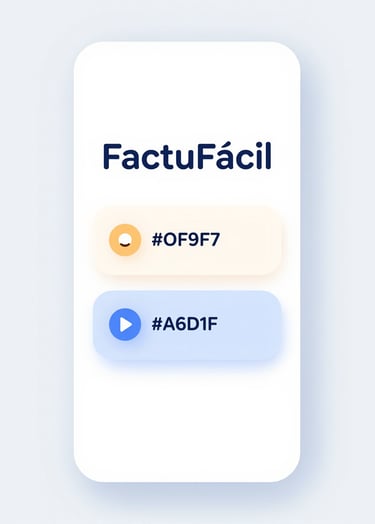 A minimalist and playful mobile app mockup of FactuFácil. The screen shows a clean dashboard with soft rounded cards in pastel colors #FFF9F7 and #A6D1FF. The UI features friendly icons and large, readable text. Soft, bright lighting with a creative, modern aesthetic.