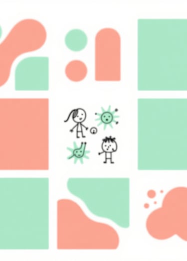 A mood board showing organic shapes, soft coral and mint green swatches, and whimsical sketches of characters for the Pop&Go Tales universe.