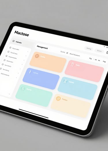 A sleek tablet displaying a vibrant management dashboard with friendly pastel-colored buttons and clean data visualizations. Lighting is soft and professional.