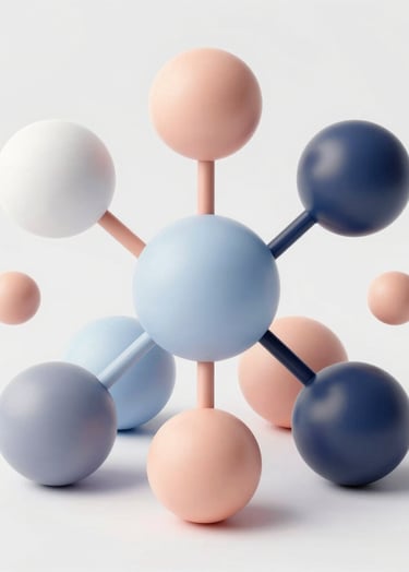 An abstract 3D illustration of interconnected spheres and soft geometric forms in pastel tones, symbolizing a balanced financial ecosystem. The style is playful and modern, incorporating brand colors #FFF9F7 and #5C4C6D.