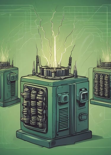 A sleek industrial transformer unit illuminated with steel-green lighting against a dark, textured background.