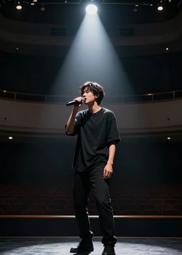 A moody, motion-blurred shot of a singer performing under a single spotlight in a dark, modern theater. The color palette is dominated by black and dark gray, capturing a moment of intense emotional performance in a North American venue.