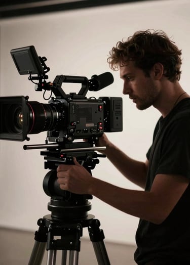 A professional cinematographer operating a high-end film camera on a moody music video set in a North American studio. Dramatic lighting with deep charcoal shadows and sharp off-white highlights, cinematic and polished.