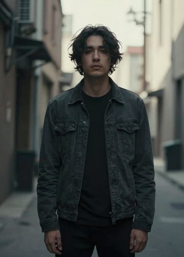 A moody, cinematic portrait of a solo musician in a charcoal jacket standing in a dimly lit North American alleyway. Soft off-white light catches the silhouette against deep gray shadows.