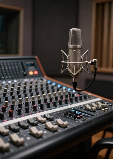 A high-end professional music recording studio in a North American setting. The scene features a sleek black mixing console and a vintage condenser microphone. The lighting is dim and cinematic, using charcoal and dark gray shadows to create a polished, artistic mood.