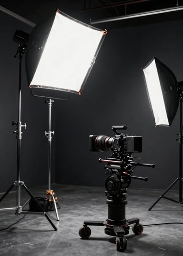 A behind-the-scenes photograph of a music video production in a North American urban studio. Large professional lighting rigs and a camera on a gimbal are visible, surrounded by a dark charcoal and black interior, exuding a high-end industry atmosphere.