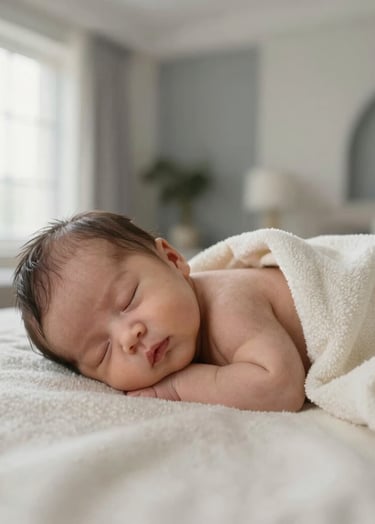 A high-end professional portrait of a newborn baby sleeping peacefully on a soft off-white wool blanket. The lighting is warm and natural, coming from a large window. The background features a blurred minimalist Middle Eastern / Turkish interior with light lead grey accents. Clean and modern composition.