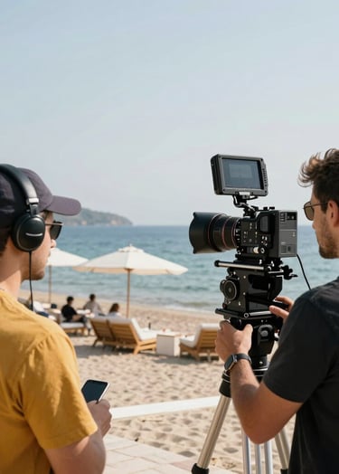 Behind the scenes of a 360-degree video production at an upscale beach club in Bodrum, Middle Eastern / Turkish setting, professional gear visible, bright daylight, minimal and clean aesthetic with mustard yellow highlights.