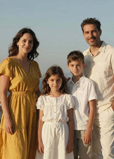 A family portrait session in a scenic Bodrum outdoor location, Middle Eastern / Turkish setting, warm afternoon sunlight, soft shadows, minimal background, high-end photography style, palette colors of mustard yellow and off-white.