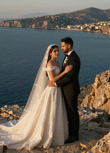 Professional outdoor photography of a Middle Eastern / Turkish bride and groom standing on a rocky cliff in Bodrum. The deep blue Aegean Sea is in the background. The scene is illuminated by the golden hour sun, creating a warm mustard-colored glow.