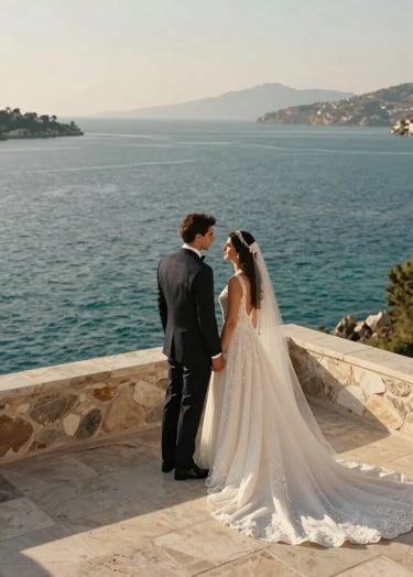 A high-resolution, modern editorial photograph of a wedding couple in elegant attire standing on a sun-drenched stone terrace overlooking the Bodrum coast. The light is golden hour warm, the sea is turquoise, and the composition is clean and minimalist. Middle Eastern / Turkish setting.