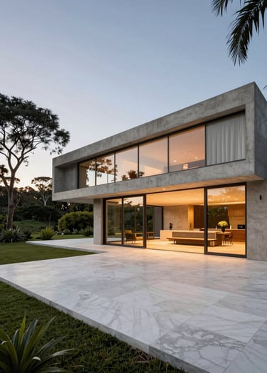 A low-angle, wide-shot photograph of a minimalist concrete villa at dusk in a lush South American / Brazilian landscape. The lighting is cinematic, with warm light spilling from large floor-to-ceiling windows onto a pure white marble patio. The style is high-end architectural photography, very clean and sharp.