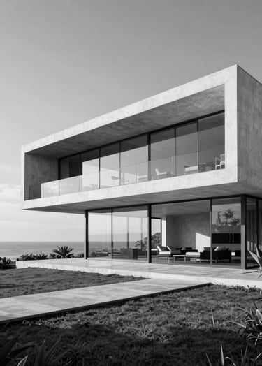 A wide-angle, hyper-realistic architectural render of a minimalist luxury villa in a South American / Brazilian coastal setting. The architecture features white concrete, floor-to-ceiling glass, and sharp angles. The lighting is soft morning light with deep shadows. Black and white photography style.