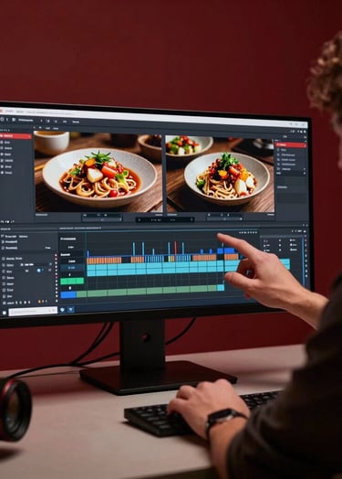 A creative director reviewing food footage on a high-end monitor in a minimal studio setting, soft cinematic lighting, deep crimson accents, showcasing the video editing process.
