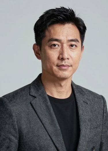 A sophisticated professional headshot of an artist in a charcoal gray blazer, set against a minimalist light gray background. Elegant and approachable expression, North American / US style.